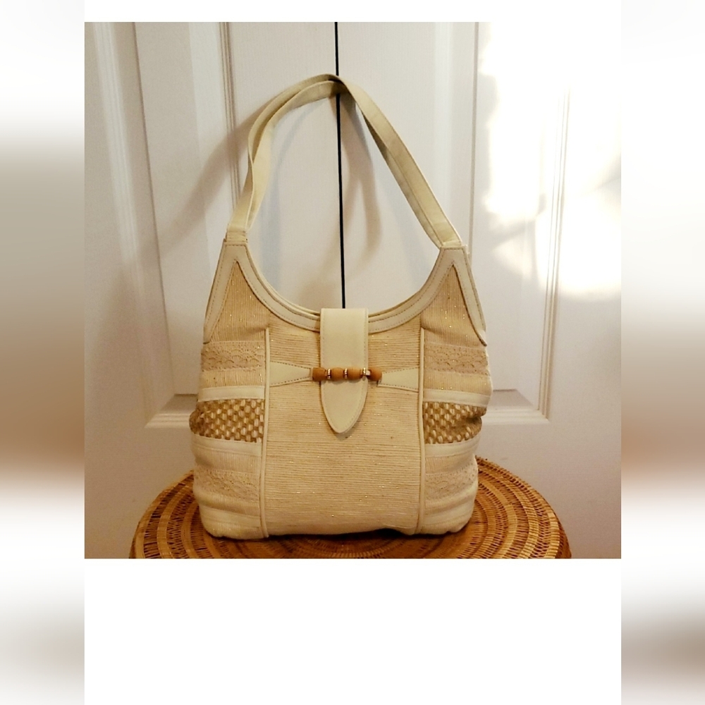 Valerie Barad Mixed Media Coastal Chic Cream  Leather Trim Boho Style Handbag